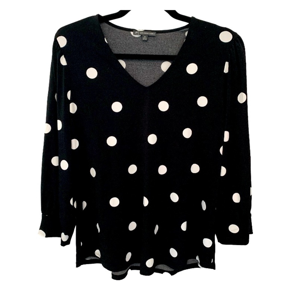 ADRIANNA PAPEL Women’s Blk/Wt Polka Dot Blouse Flowy V-Neck Long Sleeves Cuff M